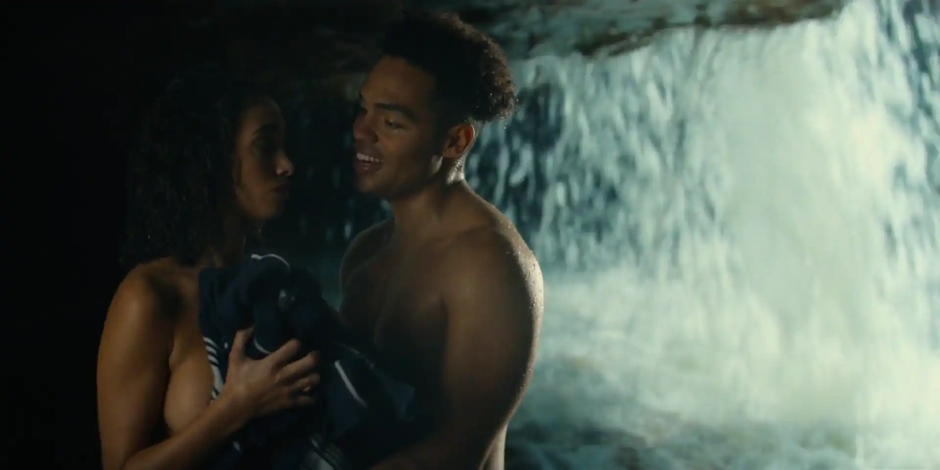 Eva Ruiz nude kissing makeout scene under waterfall from Our Fault 2025 thumbnail